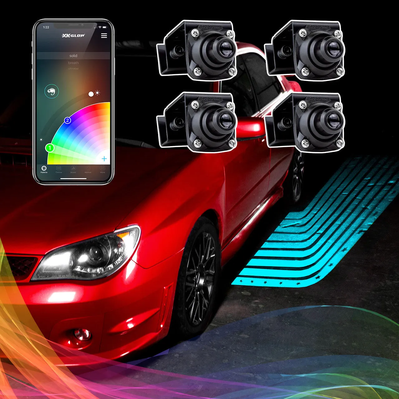 XKGlow Curbfx RGB Projector Kit w/ XKChrome Smartphone App - 2pc or 4pc Projector w/ Flames/ Tattoos/ Wings graphics