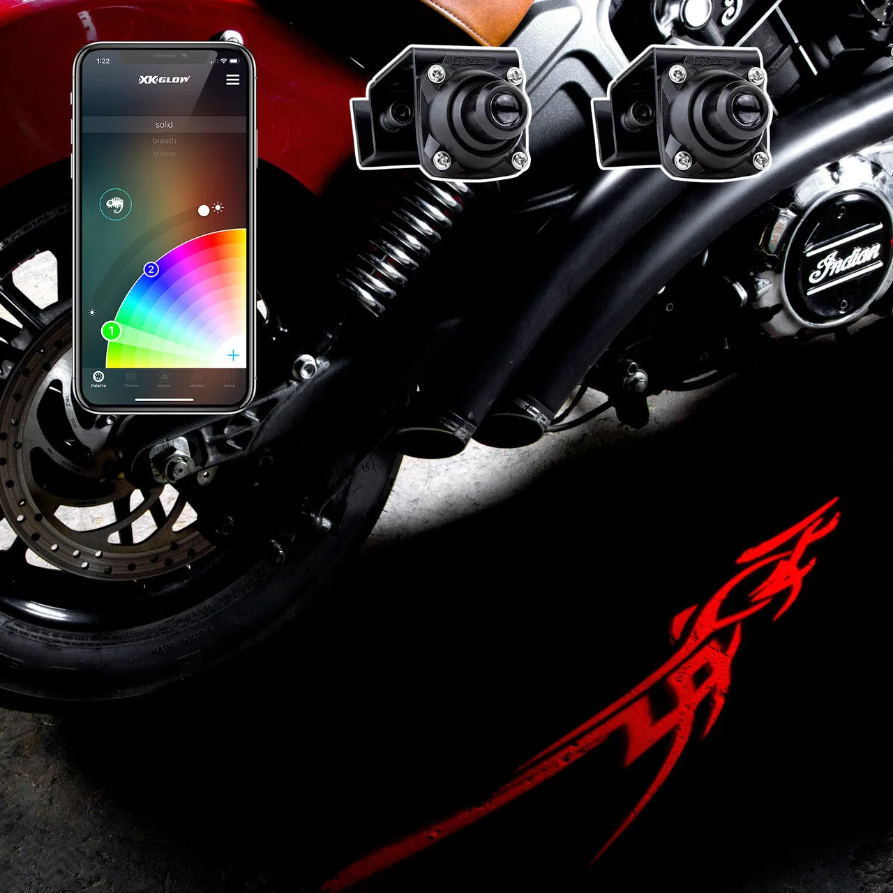 XKGlow Curbfx RGB Projector Kit w/ XKChrome Smartphone App - 2pc or 4pc Projector w/ Flames/ Tattoos/ Wings graphics