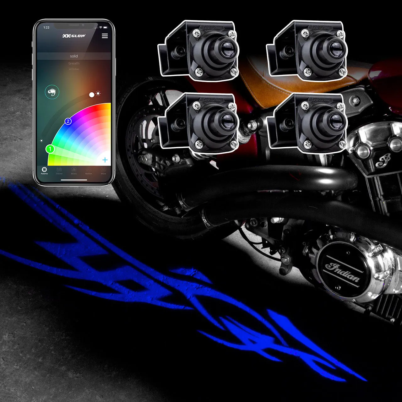 XKGlow Curbfx RGB Projector Kit w/ XKChrome Smartphone App - 2pc or 4pc Projector w/ Flames/ Tattoos/ Wings graphics