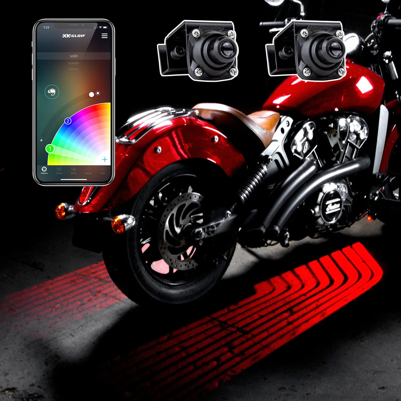 XKGlow Curbfx RGB Projector Kit w/ XKChrome Smartphone App - 2pc or 4pc Projector w/ Flames/ Tattoos/ Wings graphics