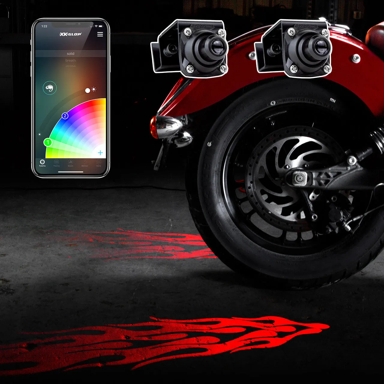 XKGlow Curbfx RGB Projector Kit w/ XKChrome Smartphone App - 2pc or 4pc Projector w/ Flames/ Tattoos/ Wings graphics