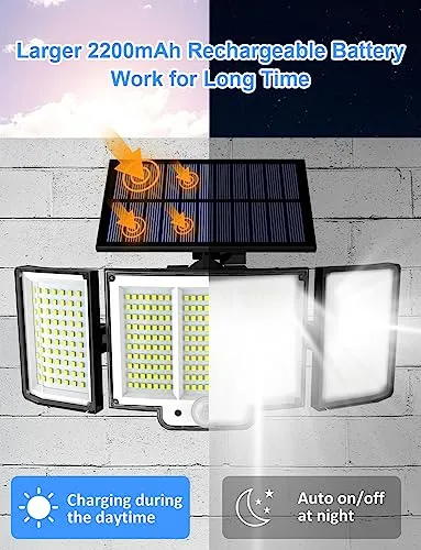 YOYONACY Solar Outdoor Lights - 2500LM, 348 LED Motion Sensor Lights with Remote Control, 3 Adjustable Heads, and IP65 Waterproofing for Ultimate Security and Illumination in Your Yard and Patio